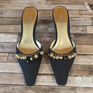 Elegant Black & Gold Heeled Mules By Moda